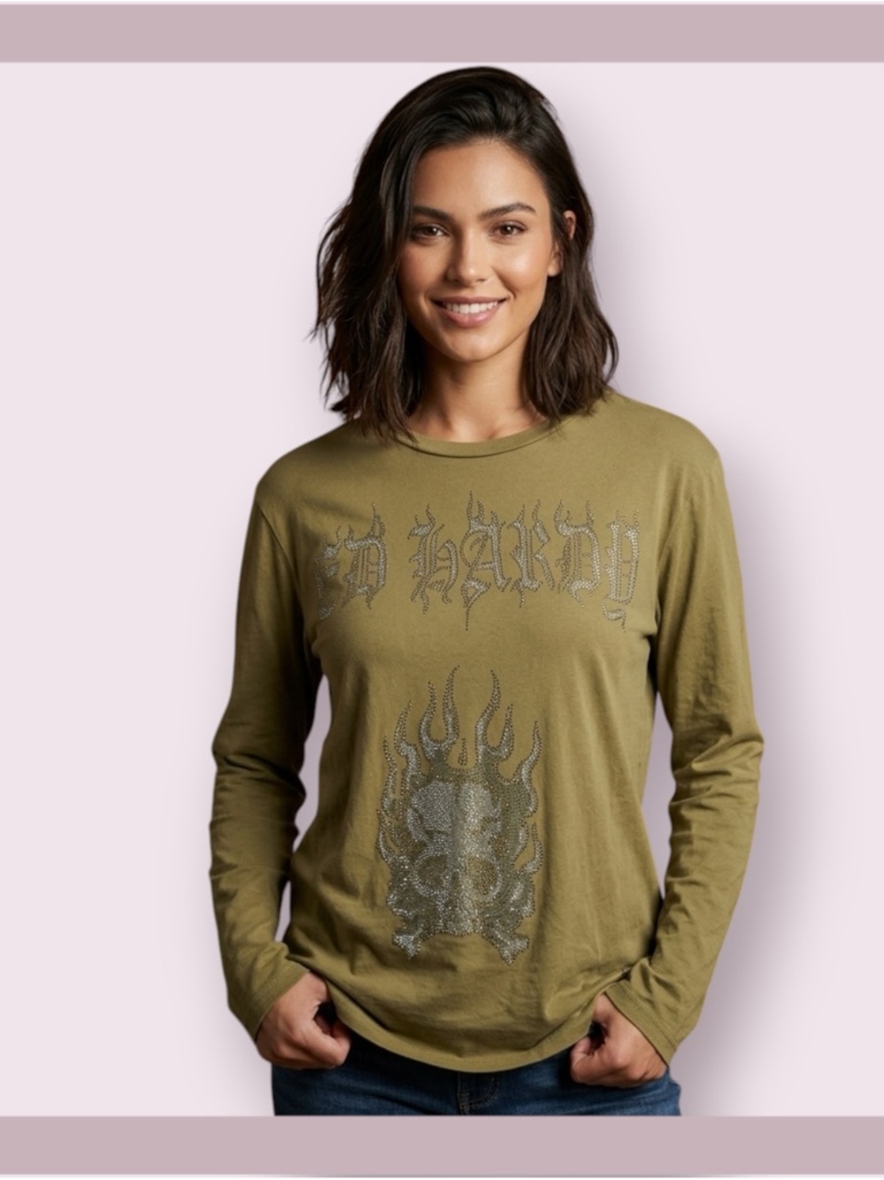 Ed Hardy “Skull and Flames” Army Green Long Sleeve Tee